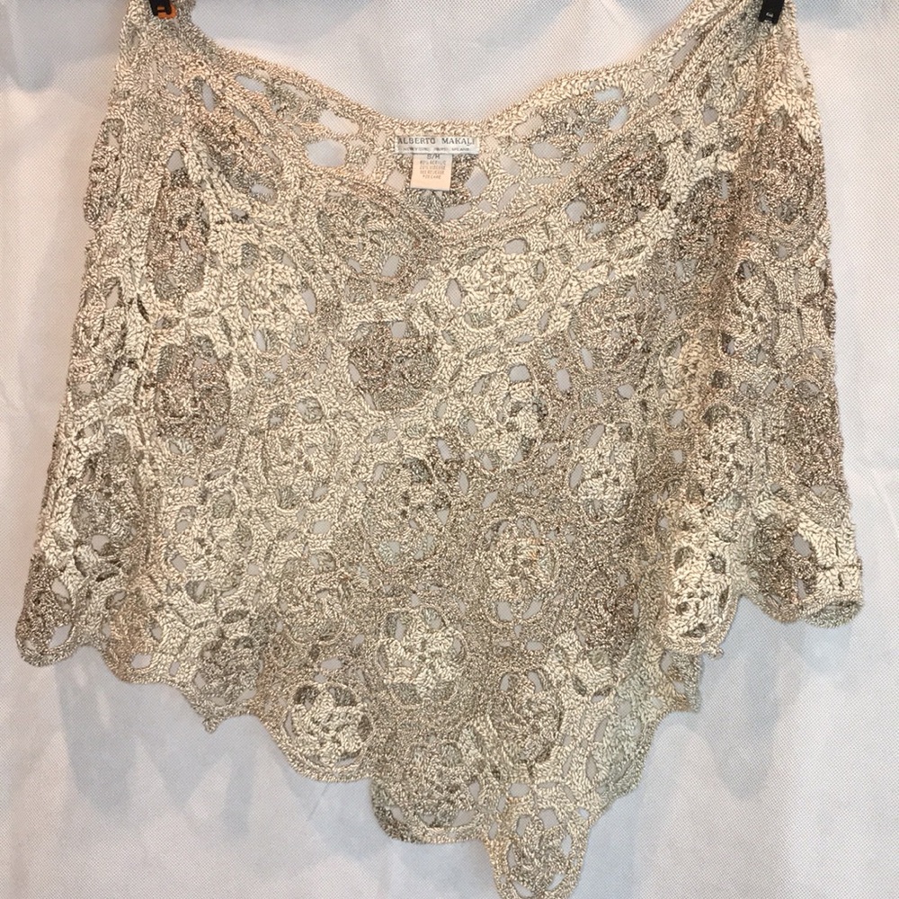 Alberto Makali Metallic Open Crochet Knit Poncho Top – Gold Beige Lace, Size S/M